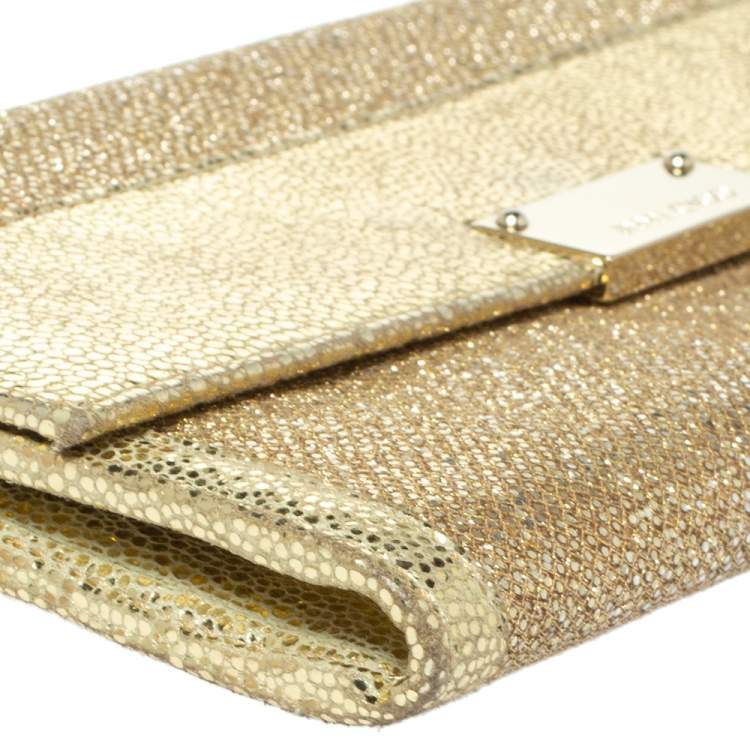 Pre Owned Jimmy Choo Metallic Gold Glitter and Patent Leather Reese Flap Clutch
