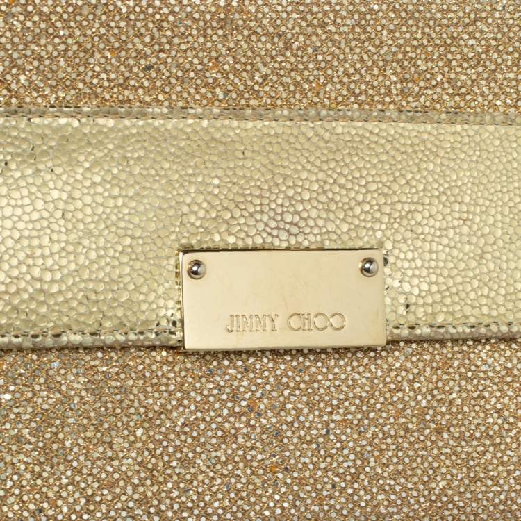 Pre Owned Jimmy Choo Metallic Gold Glitter and Patent Leather Reese Flap Clutch
