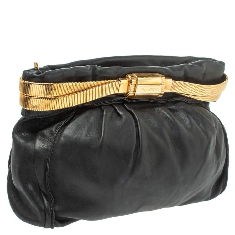 Pre Owned Jimmy Choo Black Leather Oversized Chain Zip Clutch