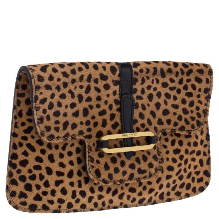 Pre Owned Jimmy Choo Beige/Black Leopard Print Calfhair and Leather Clutch