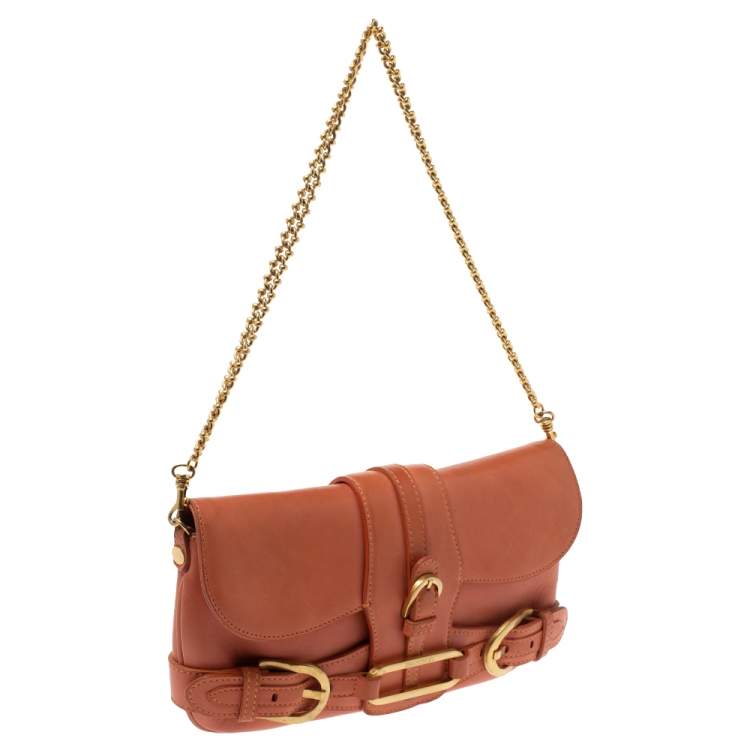 Pre Owned Jimmy Choo Orange Leather Tulita Chain Clutch