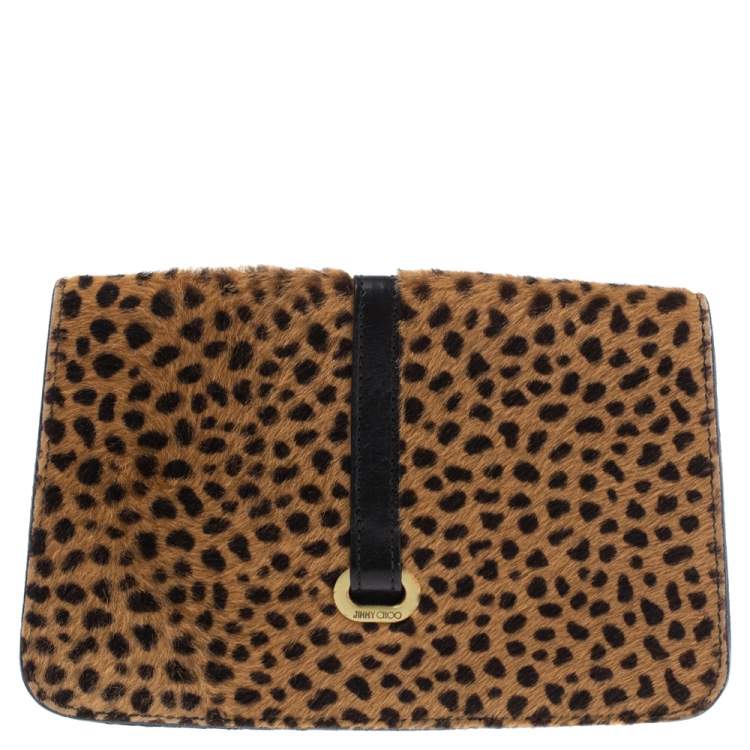 Pre Owned Jimmy Choo Beige/Black Leopard Print Calfhair and Leather Clutch