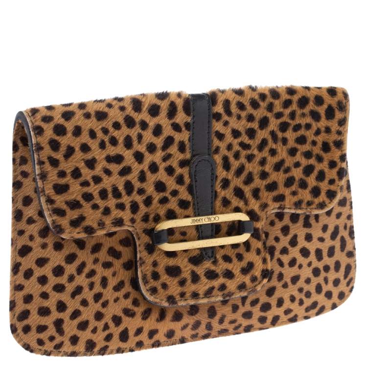 Pre Owned Jimmy Choo Beige/Black Leopard Print Calfhair and Leather Clutch