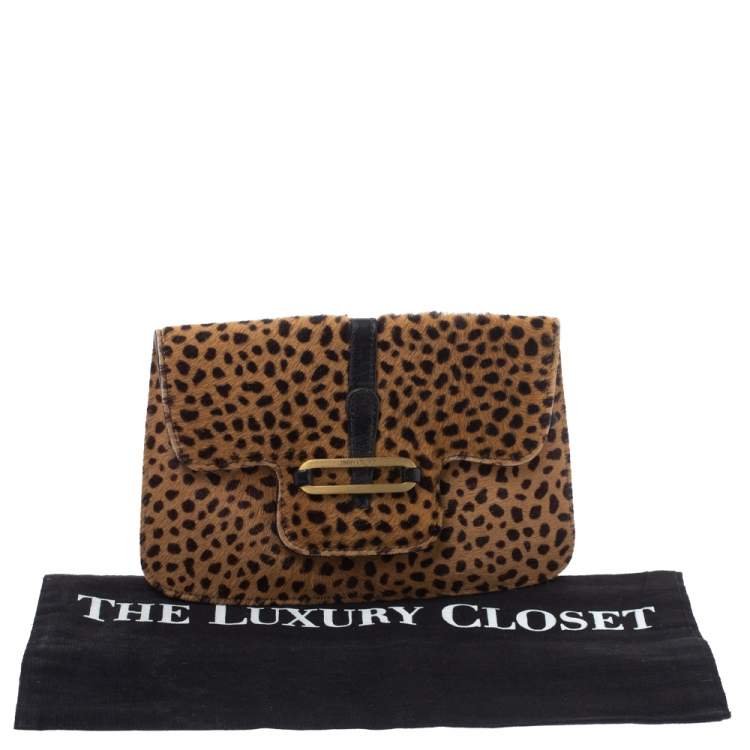 Pre Owned Jimmy Choo Beige/Black Leopard Print Calfhair and Leather Clutch