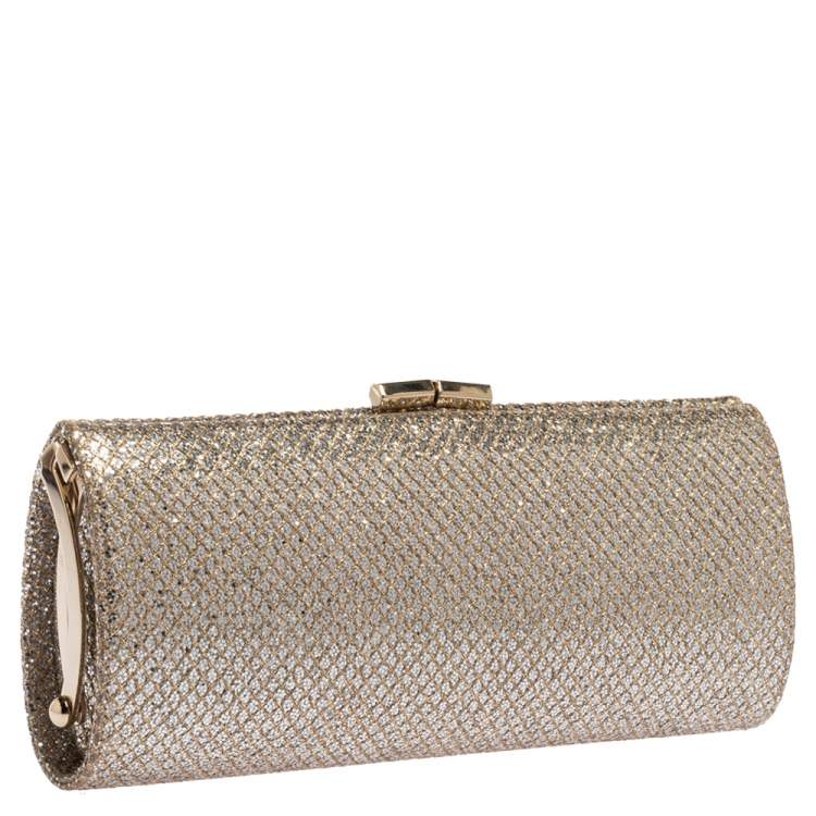 Pre Owned Jimmy Choo Gold Glitter Twill Tube Clutch