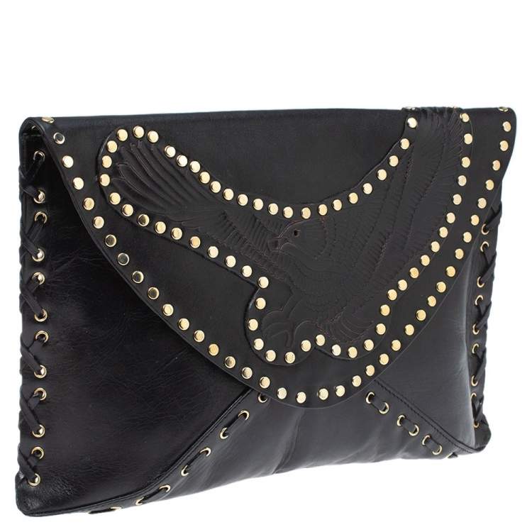 Pre Owned Jimmy Choo Black Studded Leather Flap Clutch