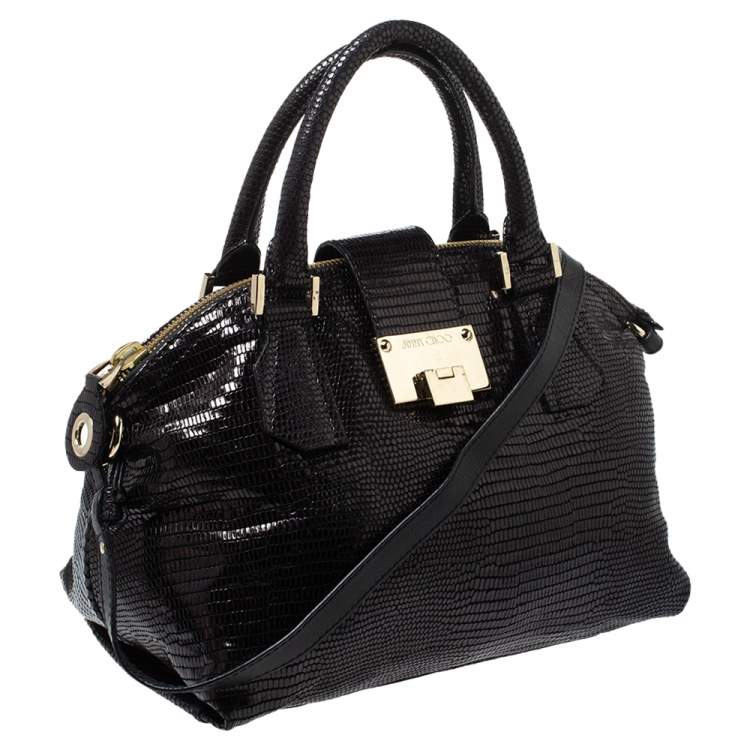 Pre Owned Jimmy Choo Black Lizard Effect Leather Rosa Satchel
