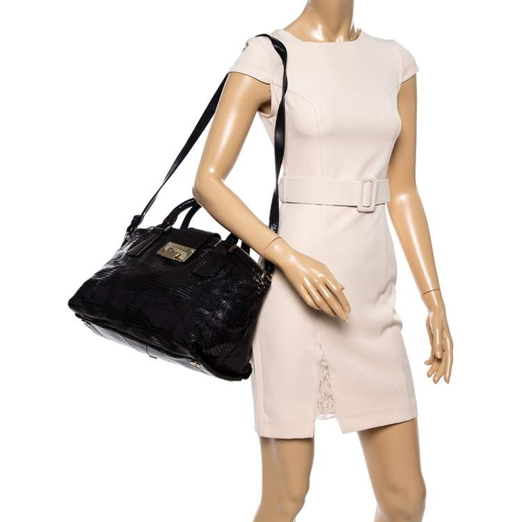 Pre Owned Jimmy Choo Black Lizard Effect Leather Rosa Satchel
