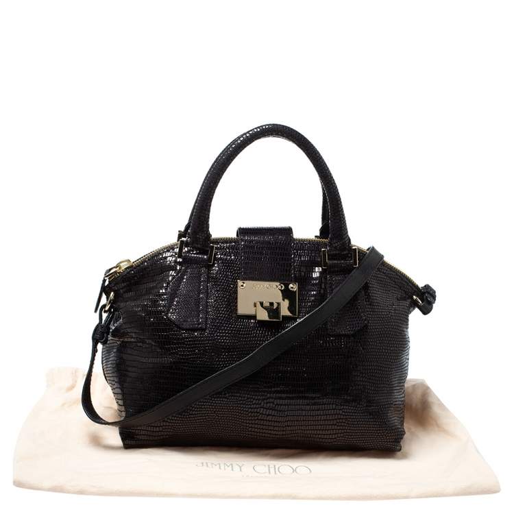 Pre Owned Jimmy Choo Black Lizard Effect Leather Rosa Satchel