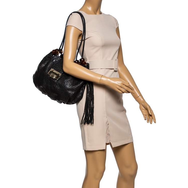 Pre Owned Jimmy Choo Black Crinkled Leather Roxana Hobo
