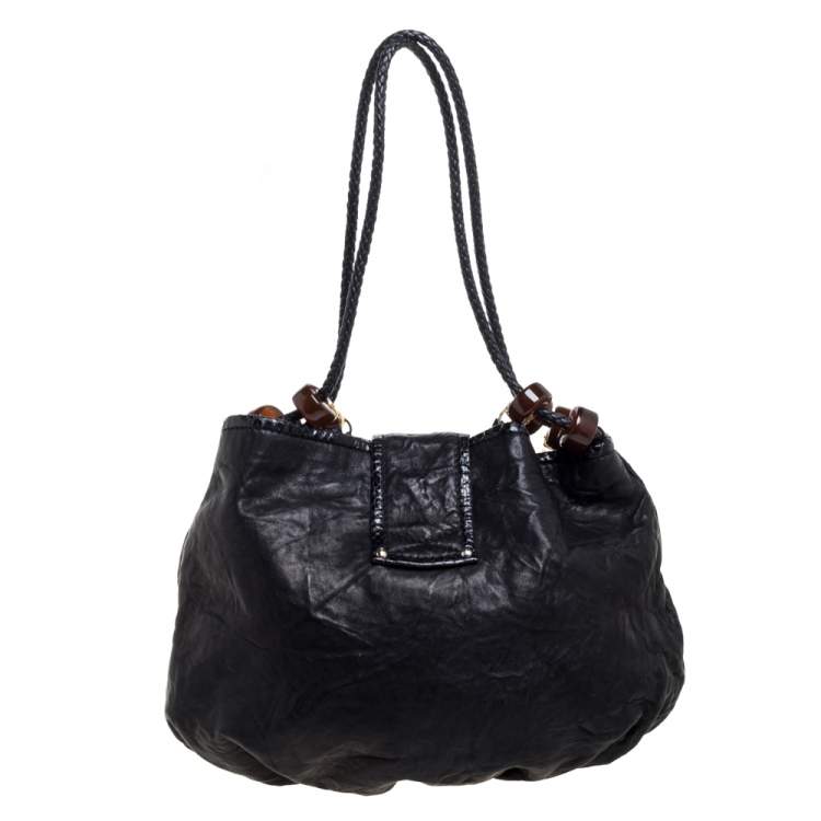 Pre Owned Jimmy Choo Black Crinkled Leather Roxana Hobo