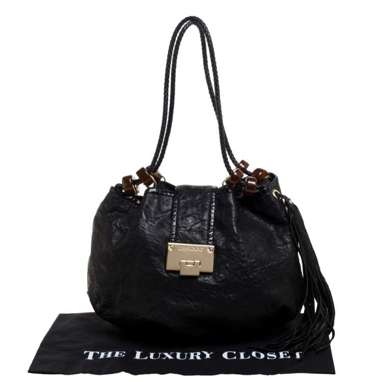 Pre Owned Jimmy Choo Black Crinkled Leather Roxana Hobo