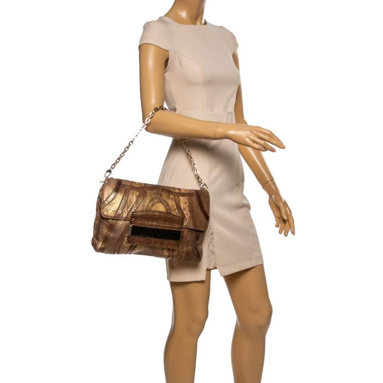 Pre Owned Jimmy Choo Golden Brown Karung Snake Carolina Flap Chain Bag