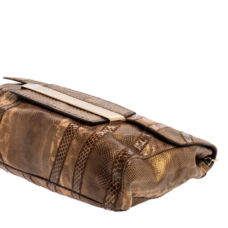 Pre Owned Jimmy Choo Golden Brown Karung Snake Carolina Flap Chain Bag