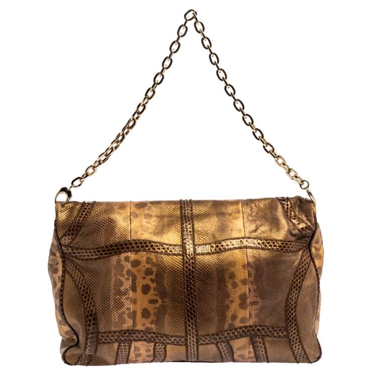 Pre Owned Jimmy Choo Golden Brown Karung Snake Carolina Flap Chain Bag