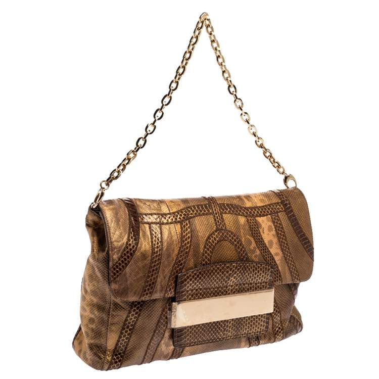 Pre Owned Jimmy Choo Golden Brown Karung Snake Carolina Flap Chain Bag