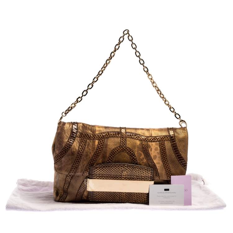 Pre Owned Jimmy Choo Golden Brown Karung Snake Carolina Flap Chain Bag