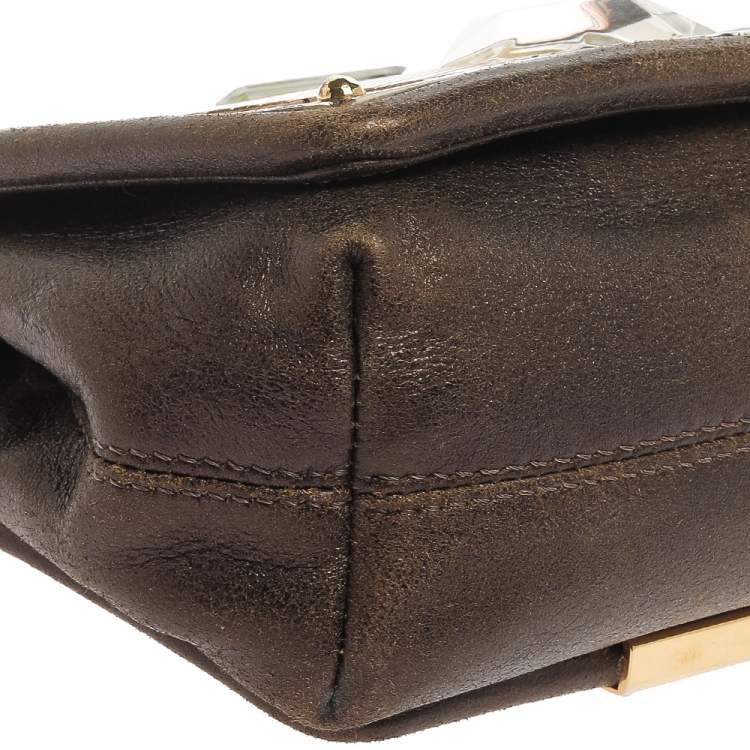 Pre Owned Jimmy Choo Khaki/Multicolor Leather and Metal Crystal Embellished Chain Clutch