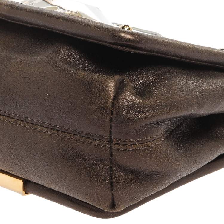 Pre Owned Jimmy Choo Khaki/Multicolor Leather and Metal Crystal Embellished Chain Clutch