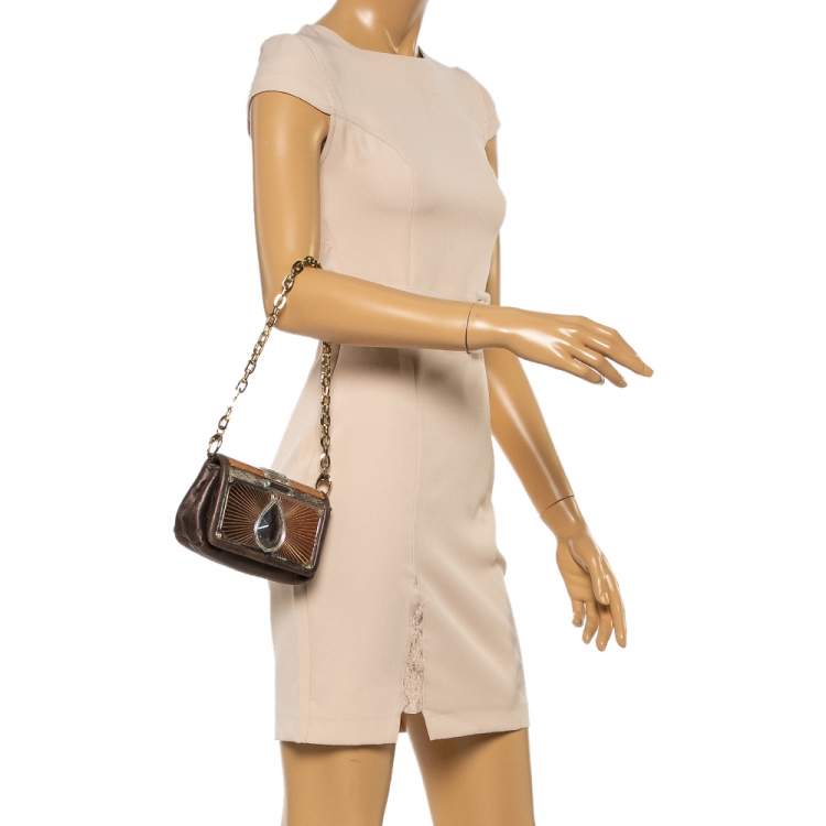 Pre Owned Jimmy Choo Khaki/Multicolor Leather and Metal Crystal Embellished Chain Clutch