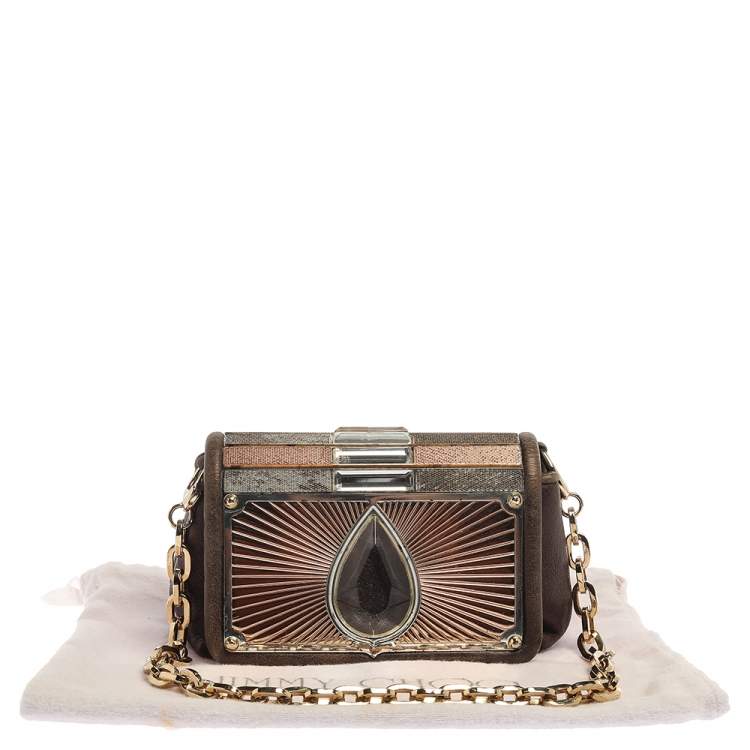 Pre Owned Jimmy Choo Khaki/Multicolor Leather and Metal Crystal Embellished Chain Clutch