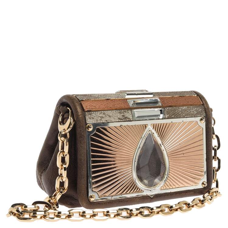 Pre Owned Jimmy Choo Khaki/Multicolor Leather and Metal Crystal Embellished Chain Clutch