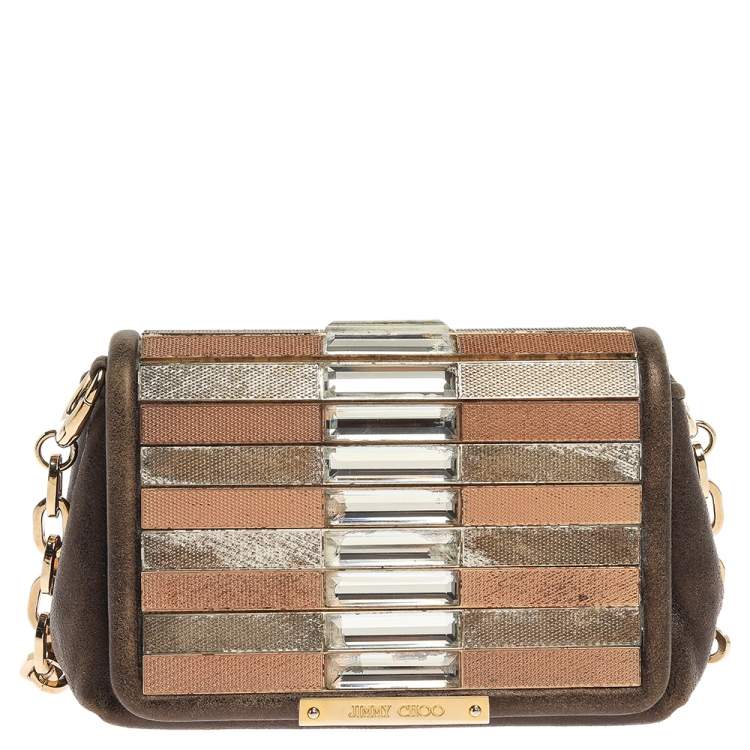 Pre Owned Jimmy Choo Khaki/Multicolor Leather and Metal Crystal Embellished Chain Clutch