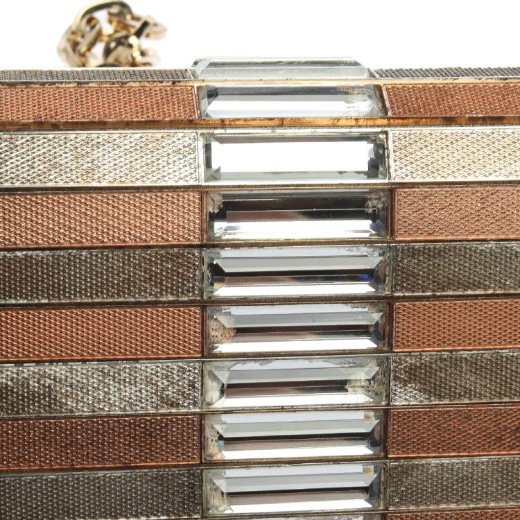 Pre Owned Jimmy Choo Khaki/Multicolor Leather and Metal Crystal Embellished Chain Clutch