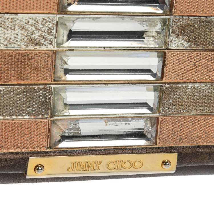 Pre Owned Jimmy Choo Khaki/Multicolor Leather and Metal Crystal Embellished Chain Clutch