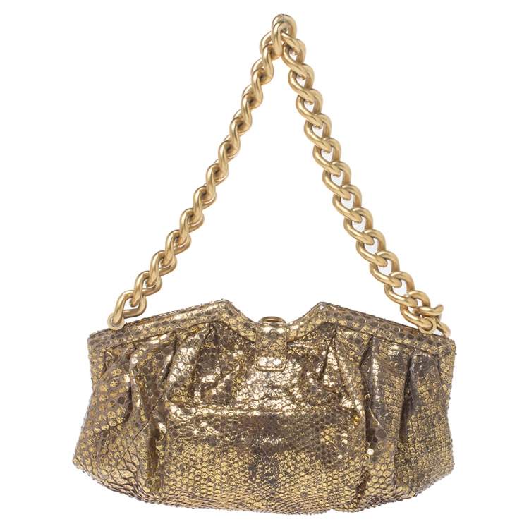 Pre Owned Jimmy Choo Gold Python Chain Frame Clutch
