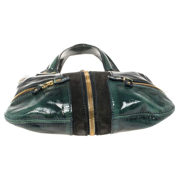 Pre Owned Jimmy Choo Dark Green Patent Leather And Suede Small Mona Tote