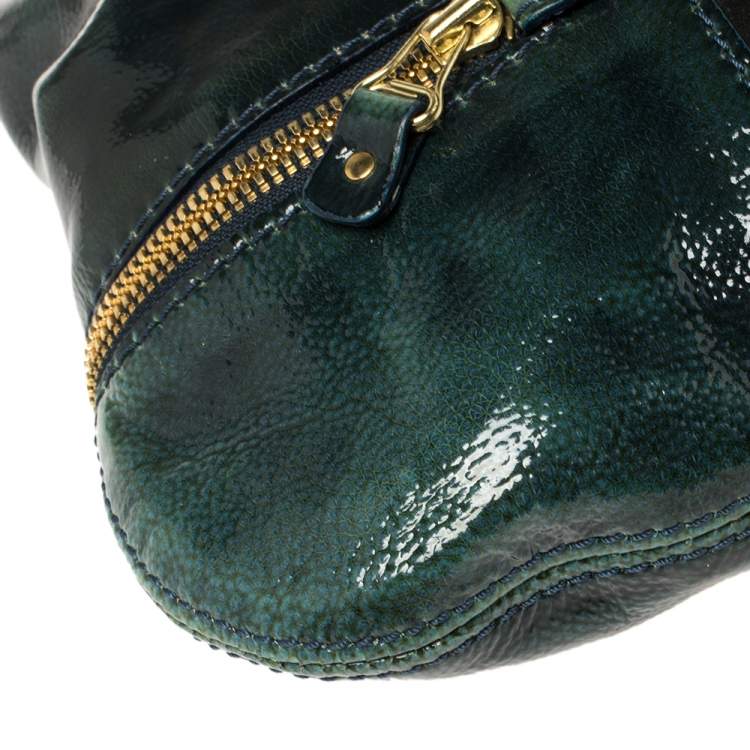 Pre Owned Jimmy Choo Dark Green Patent Leather And Suede Small Mona Tote