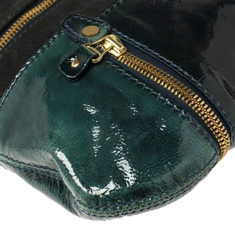 Pre Owned Jimmy Choo Dark Green Patent Leather And Suede Small Mona Tote