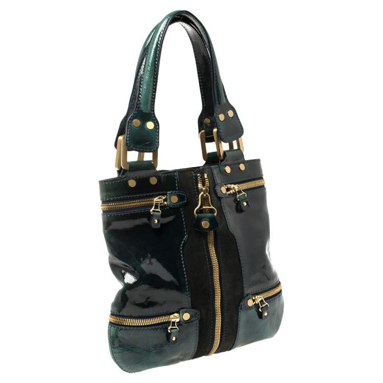 Pre Owned Jimmy Choo Dark Green Patent Leather And Suede Small Mona Tote