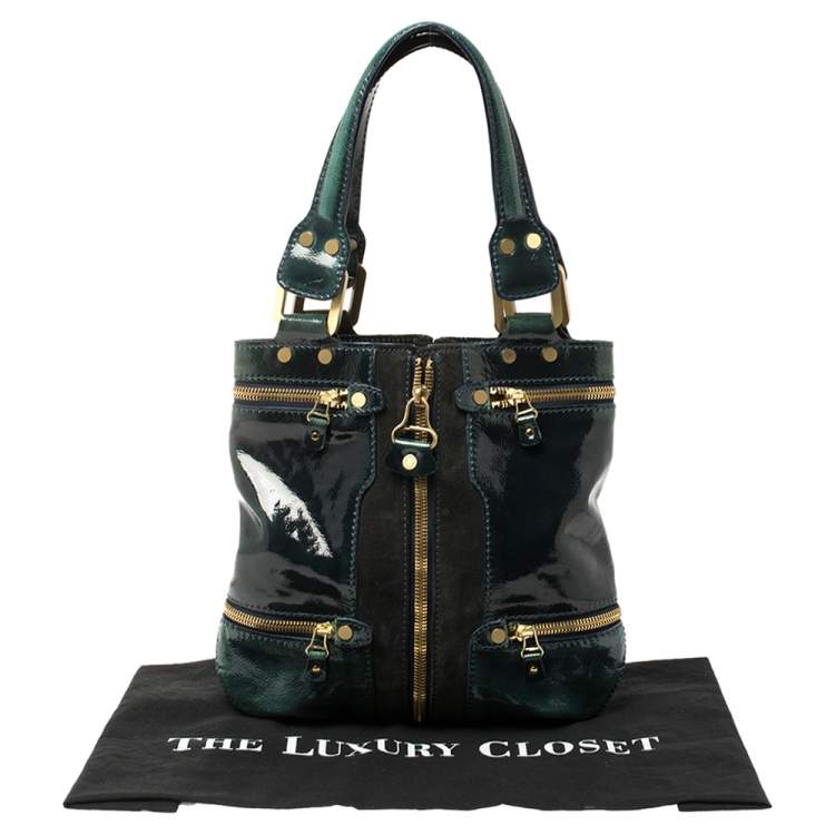 Pre Owned Jimmy Choo Dark Green Patent Leather And Suede Small Mona Tote
