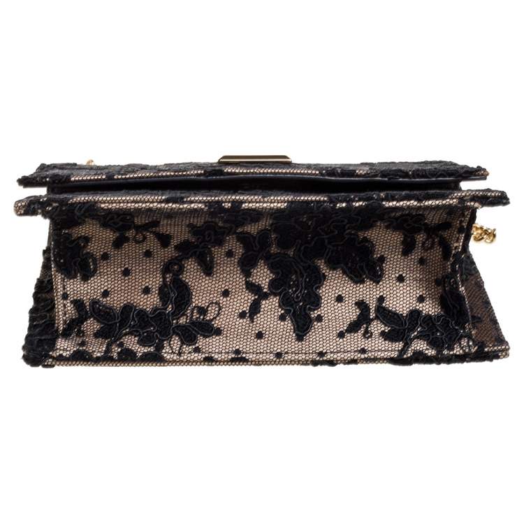 Pre Owned Jimmy Choo Black/Beige Floral Lace Lizzie Chain Shoulder Bag