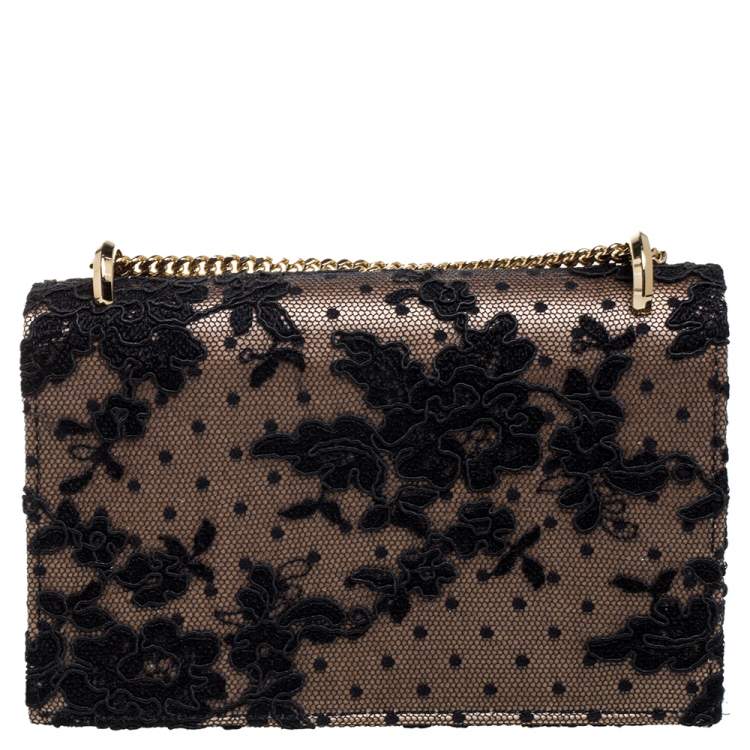 Pre Owned Jimmy Choo Black/Beige Floral Lace Lizzie Chain Shoulder Bag