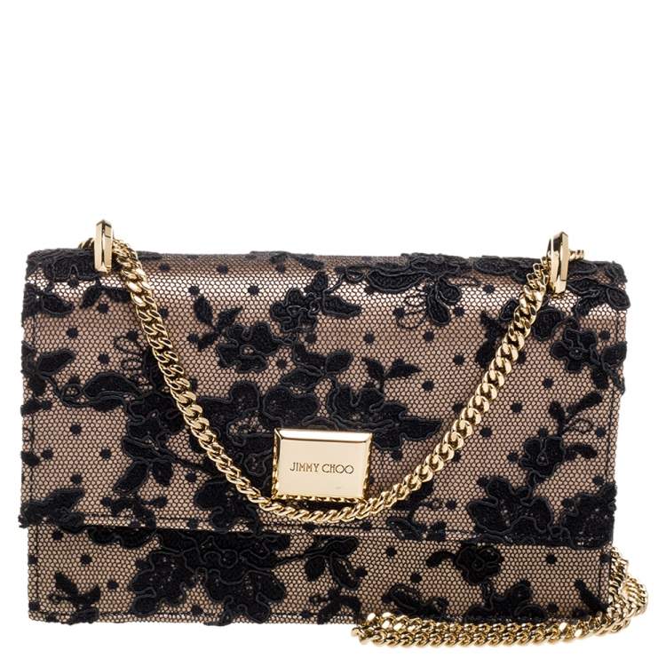 Pre Owned Jimmy Choo Black/Beige Floral Lace Lizzie Chain Shoulder Bag