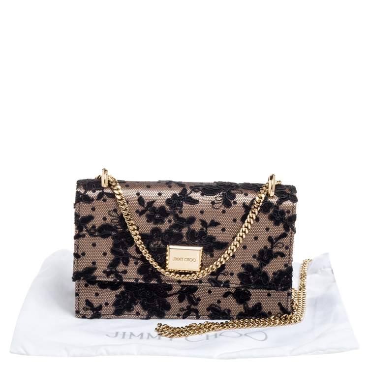 Pre Owned Jimmy Choo Black/Beige Floral Lace Lizzie Chain Shoulder Bag