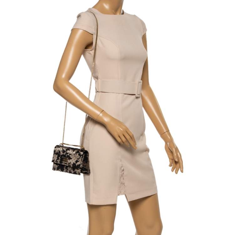 Pre Owned Jimmy Choo Black/Beige Floral Lace Lizzie Chain Shoulder Bag