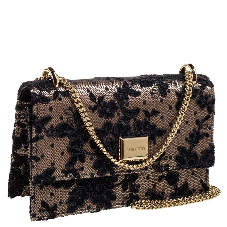 Pre Owned Jimmy Choo Black/Beige Floral Lace Lizzie Chain Shoulder Bag
