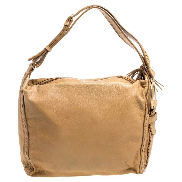 Pre Owned Jimmy Choo Beige Leather Lily Tassel Hobo