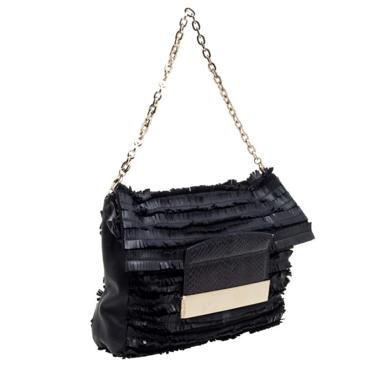 Pre Owned Jimmy Choo Black Leather and Suede Carolina Fringe Shoulder Bag