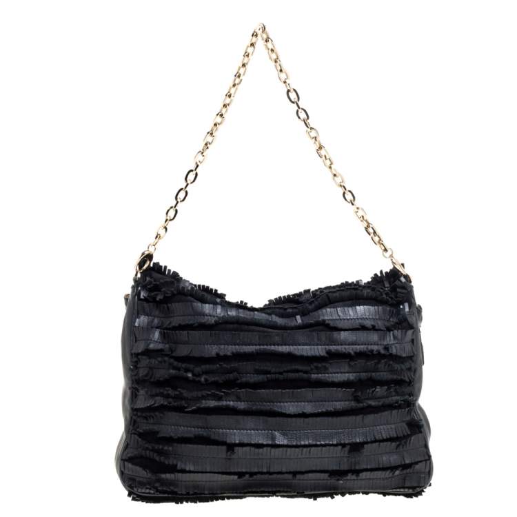Pre Owned Jimmy Choo Black Leather and Suede Carolina Fringe Shoulder Bag