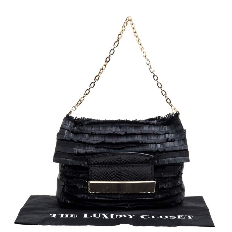 Pre Owned Jimmy Choo Black Leather and Suede Carolina Fringe Shoulder Bag