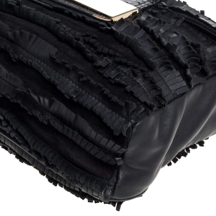 Pre Owned Jimmy Choo Black Leather and Suede Carolina Fringe Shoulder Bag