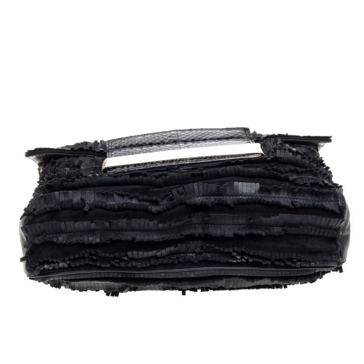 Pre Owned Jimmy Choo Black Leather and Suede Carolina Fringe Shoulder Bag