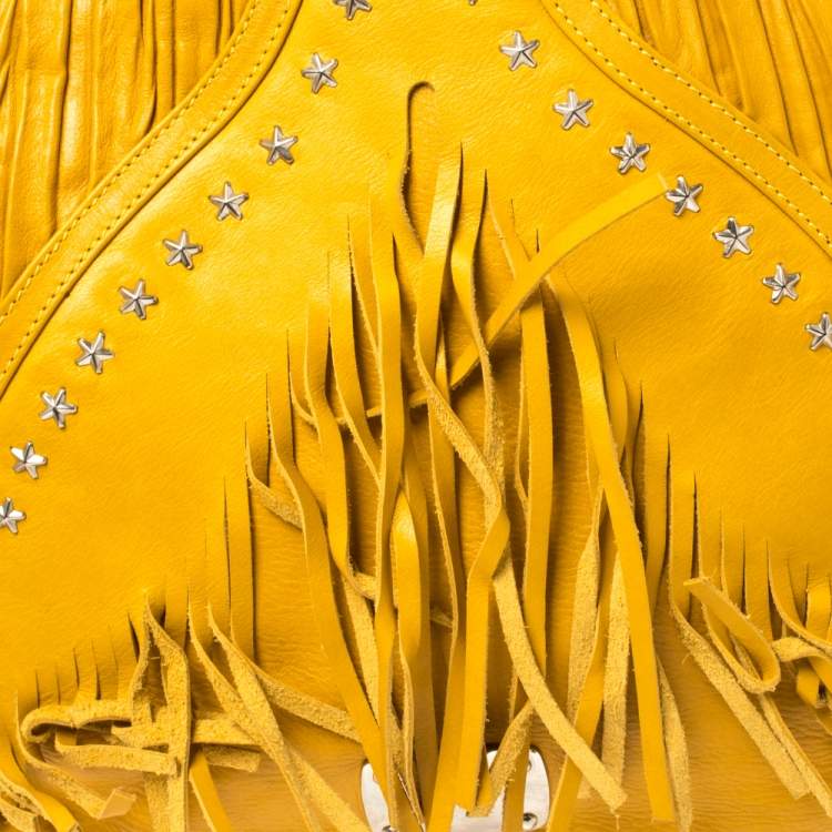 Pre Owned Jimmy Choo Mustard Leather Isola Fringe Studded Hobo
