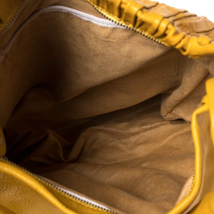 Pre Owned Jimmy Choo Mustard Leather Isola Fringe Studded Hobo