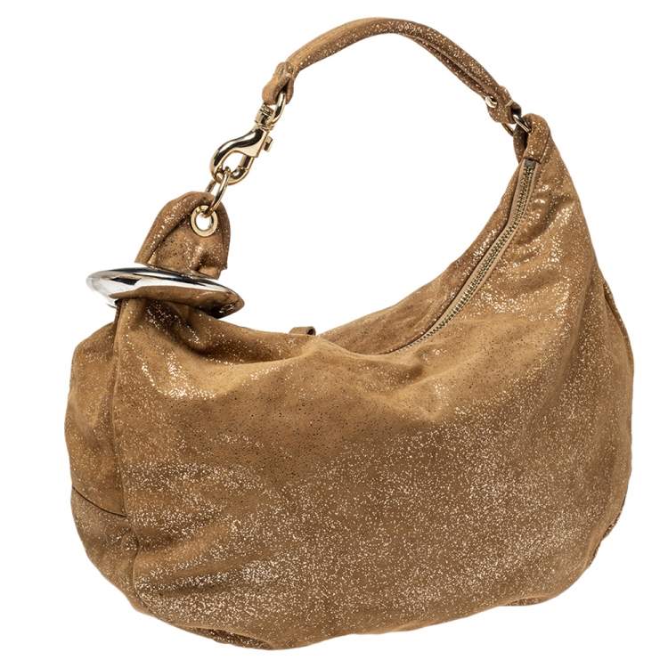 Pre Owned Jimmy Choo Gold Shimmering Leather Large Solar Hobo